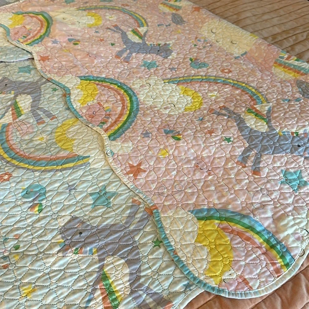 🩵🩵🩵🩵Yes I Can Twin quilt coverlet unicorn rainbows clouds blue pink w/ sham
